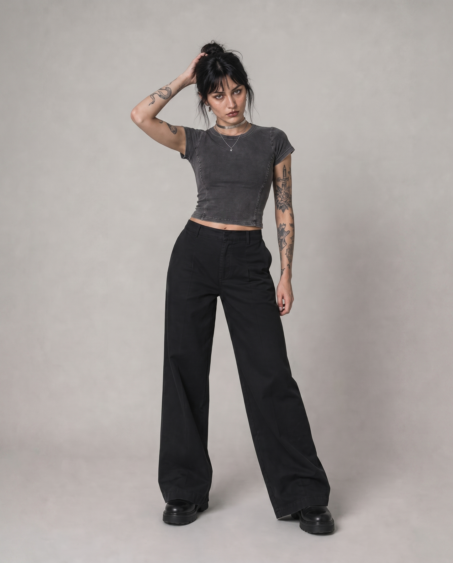 Phantom Wash Tee - acid wash grey crop tee front view | Contrario Brand