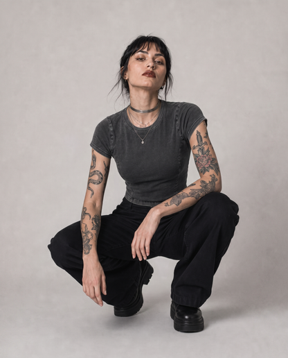 Phantom Wash Tee - alternative gothic crop tee detail view | Contrario Brand