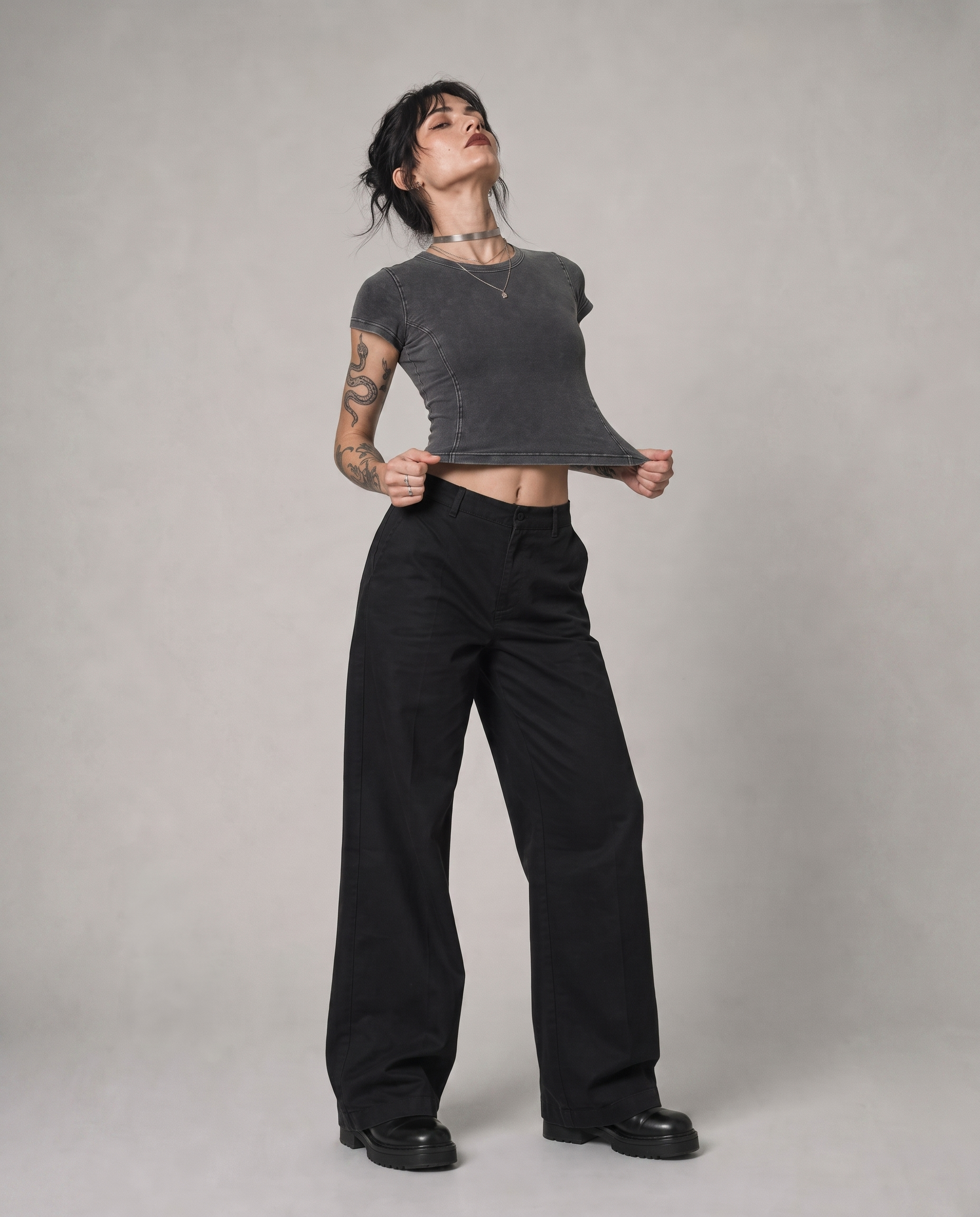Phantom Wash Tee - stone wash grey baby tee side view | Contrario Brand