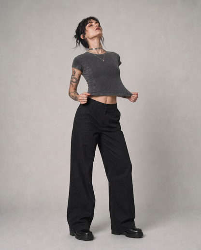 Phantom Wash Tee - stone wash grey baby tee side view | Contrario Brand