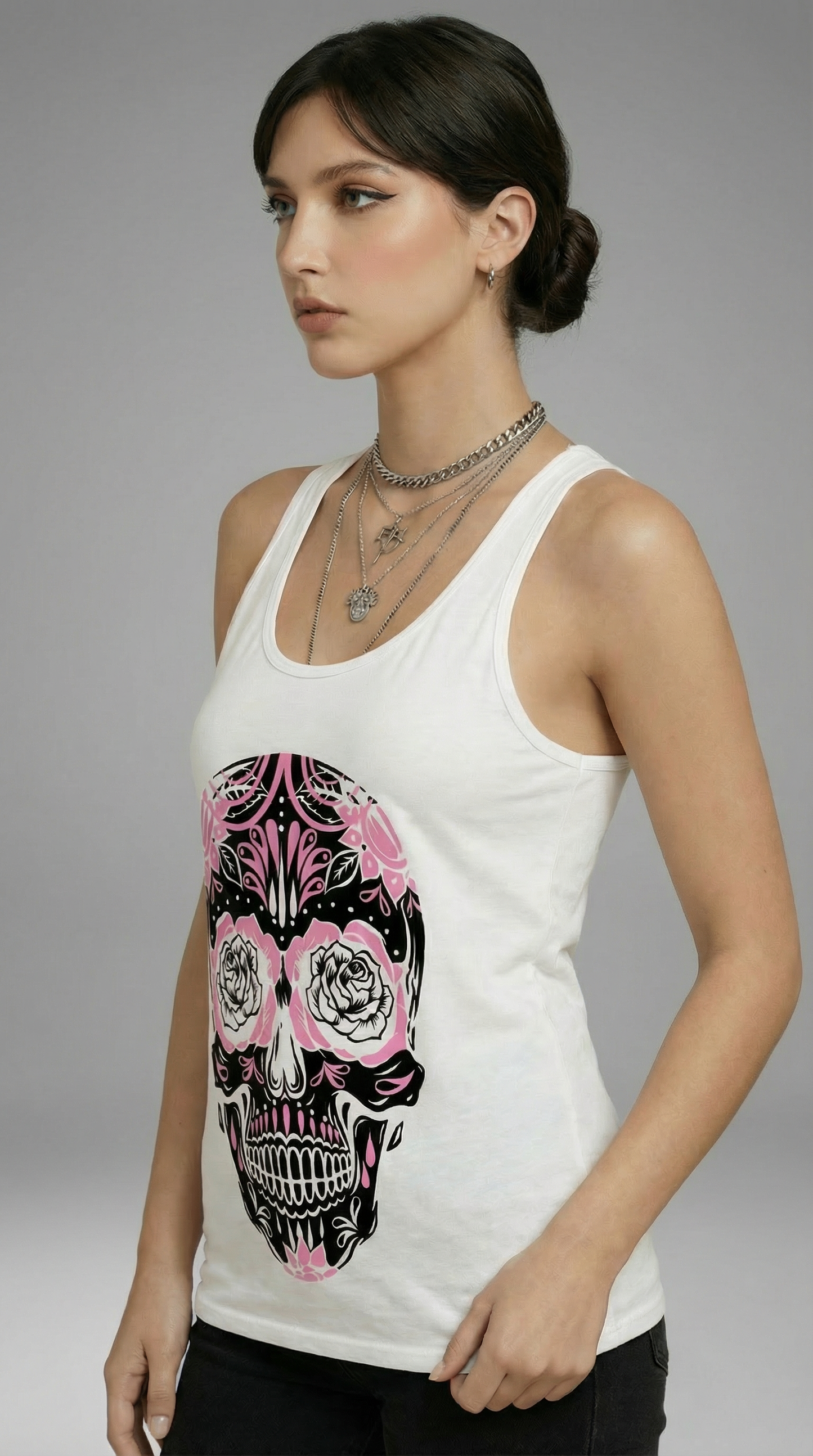 Tank Top Skull Black Guipure pink