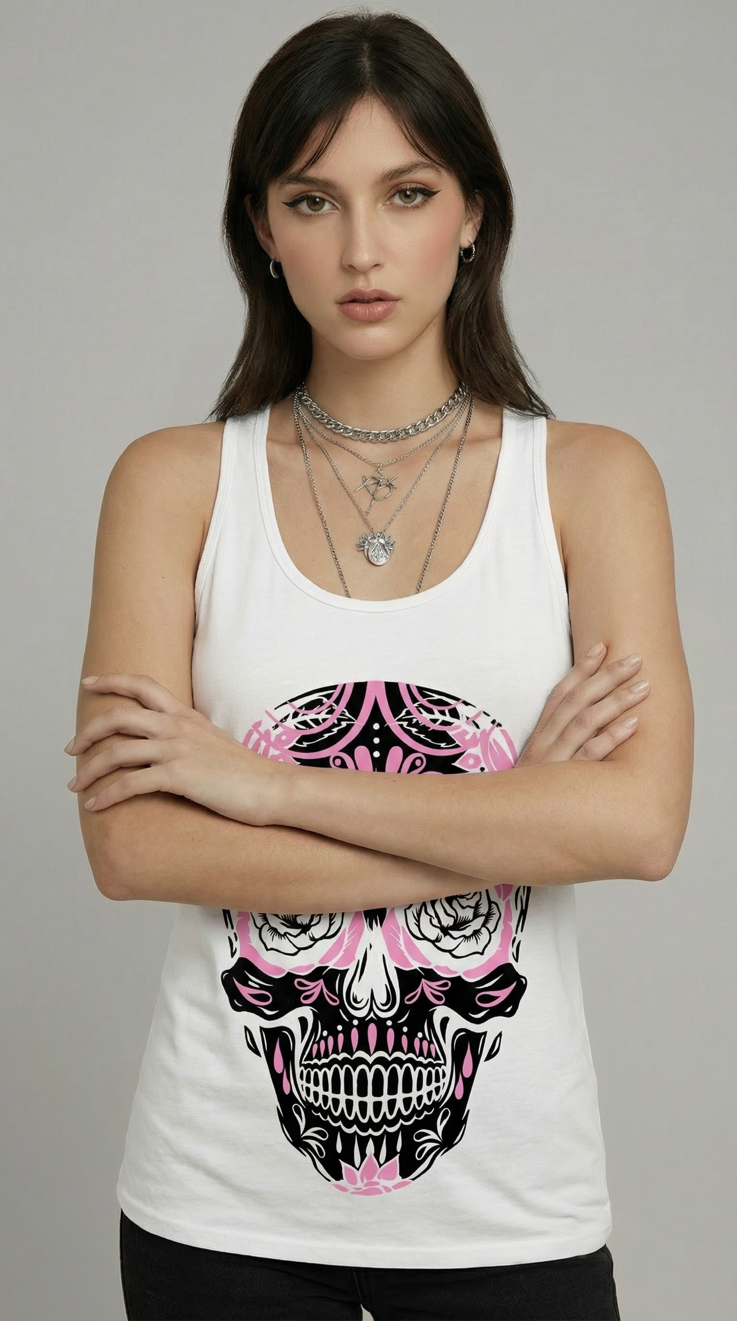 Tank Top Skull Black Guipure pink